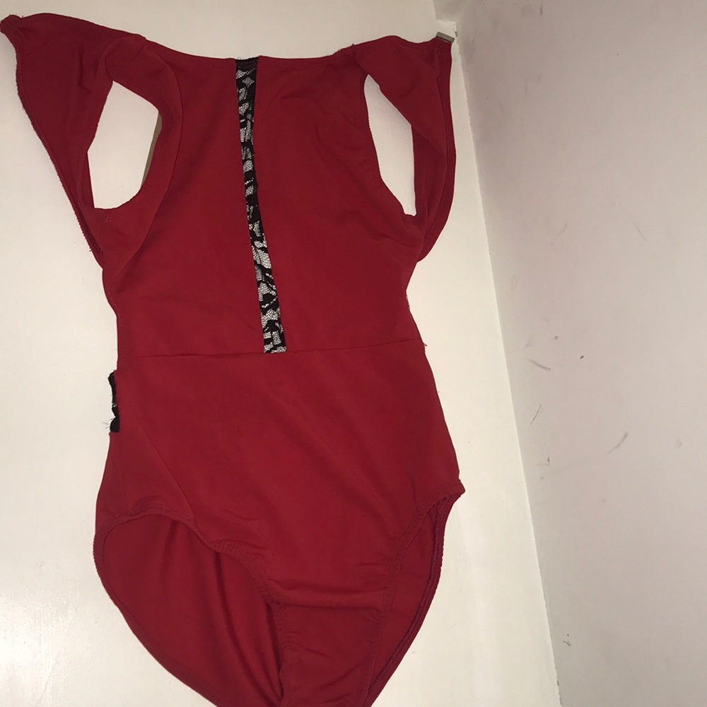 Red leotard with black lace